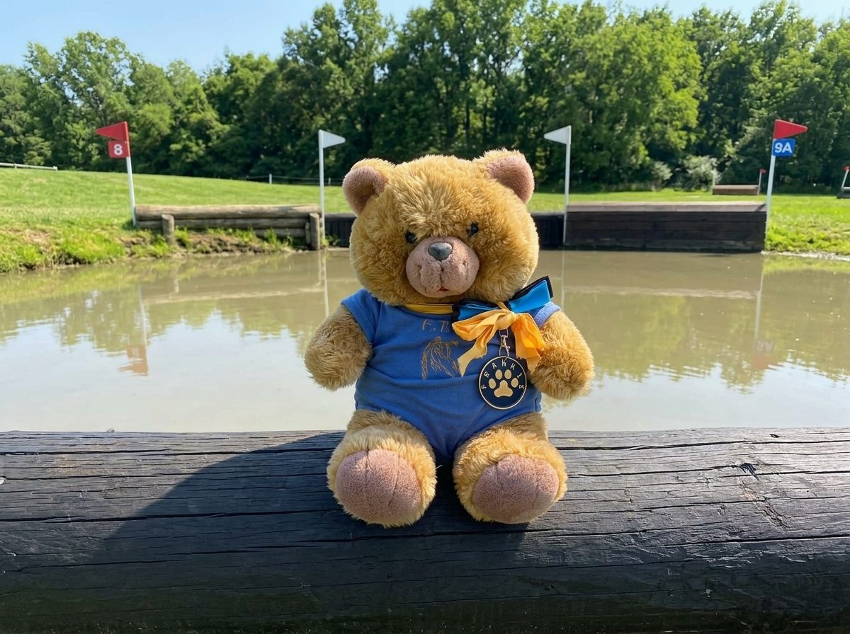 Frankie the FTV mascot in front of the cross country water jump